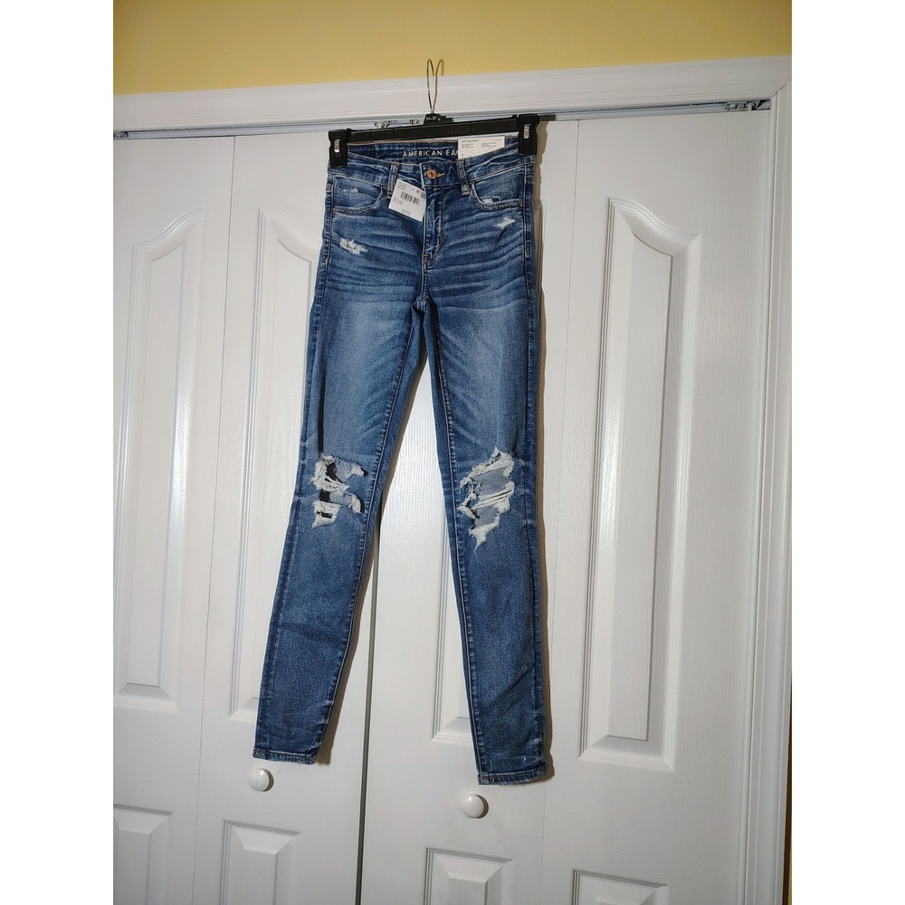 American Eagle High Rise Jegging Next Level Stretch Distressed Blue Jeans 4 Long